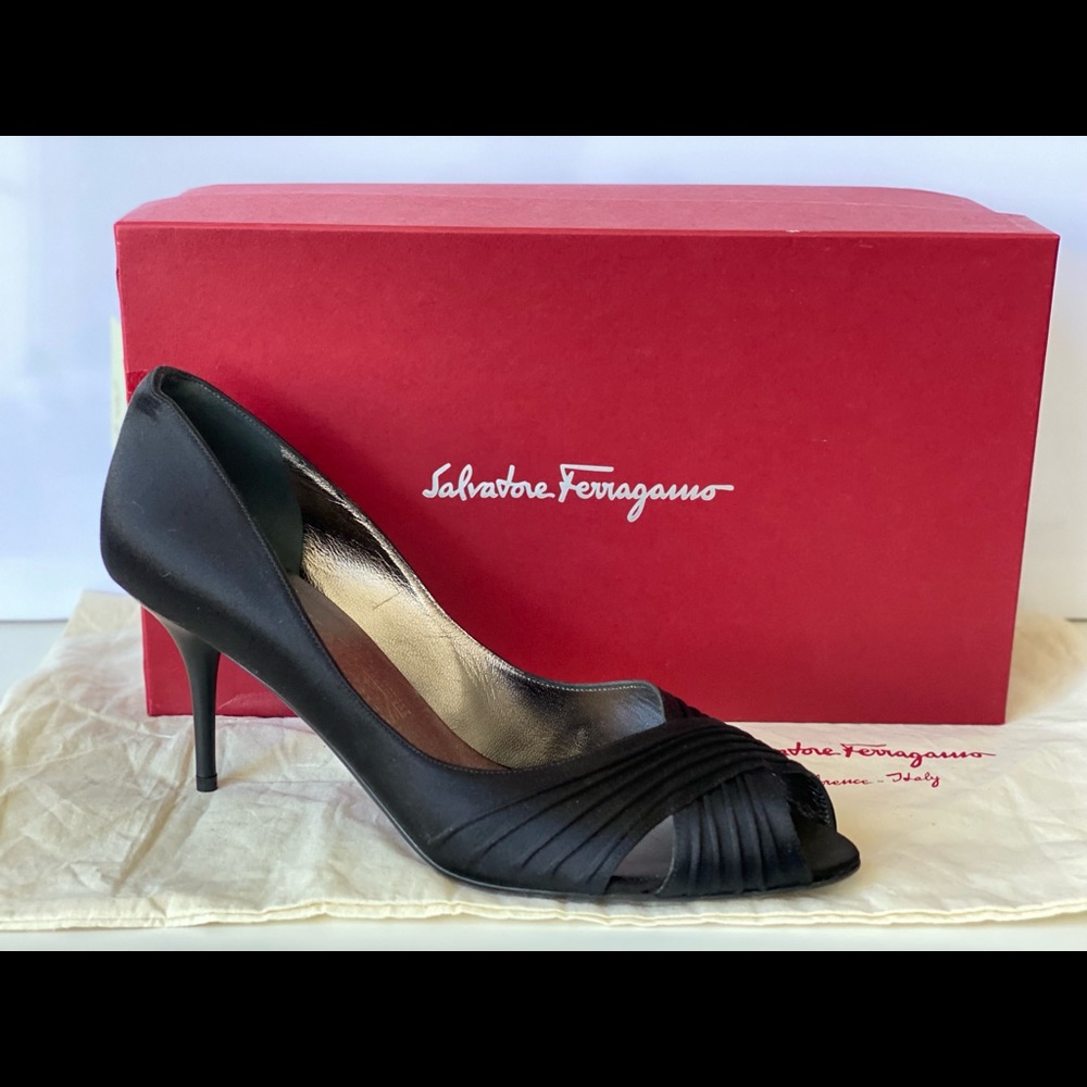 SALVATORE FERRAGAMO BLACK SATIN CRISSCROSS PEEP TOE PUMPS
